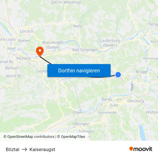 Böztal to Kaiseraugst map
