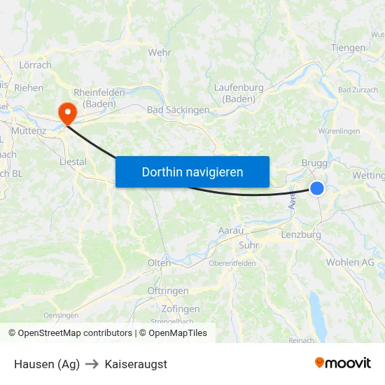 Hausen (Ag) to Kaiseraugst map
