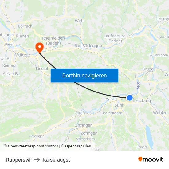 Rupperswil to Kaiseraugst map