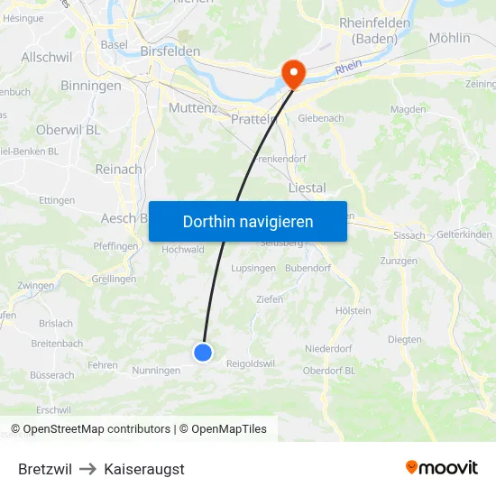 Bretzwil to Kaiseraugst map
