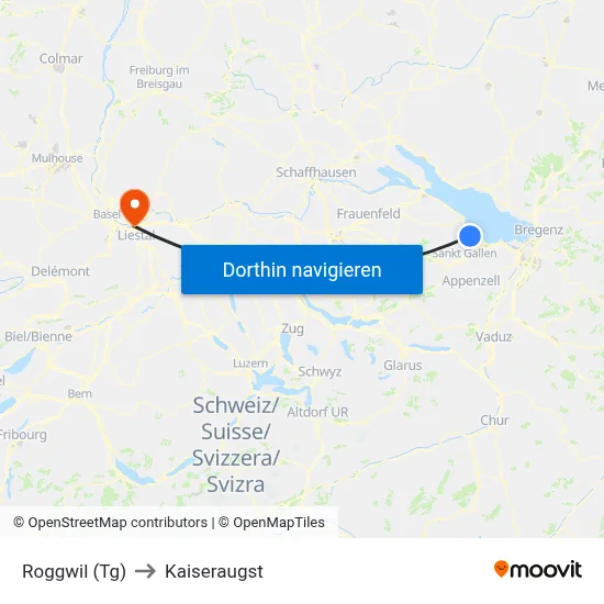 Roggwil (Tg) to Kaiseraugst map