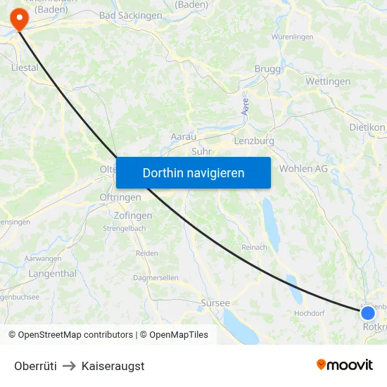 Oberrüti to Kaiseraugst map