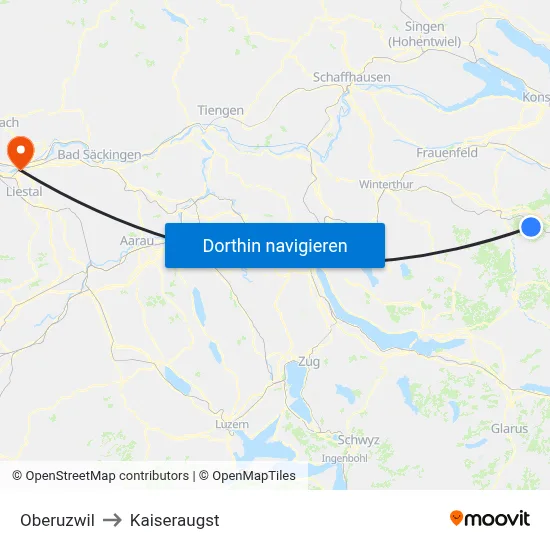 Oberuzwil to Kaiseraugst map