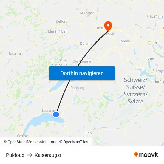 Puidoux to Kaiseraugst map