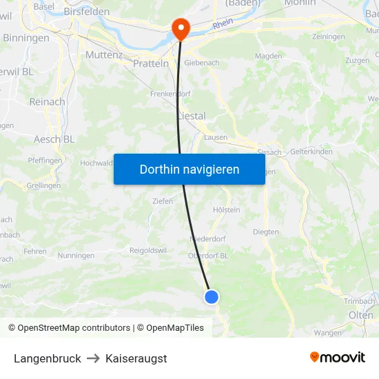 Langenbruck to Kaiseraugst map