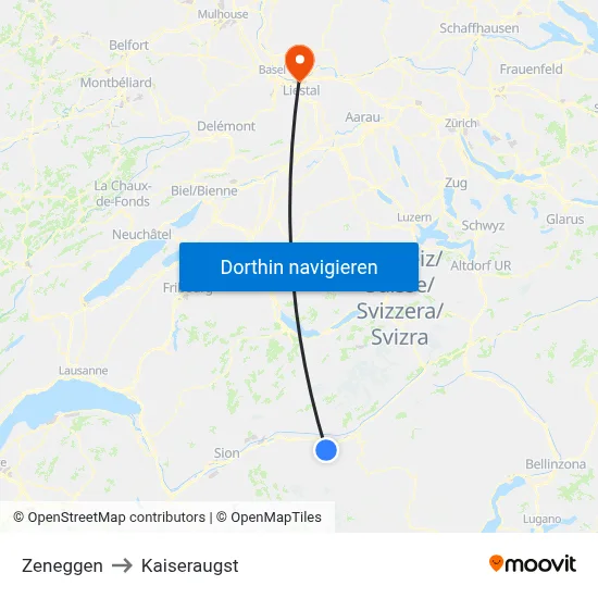 Zeneggen to Kaiseraugst map