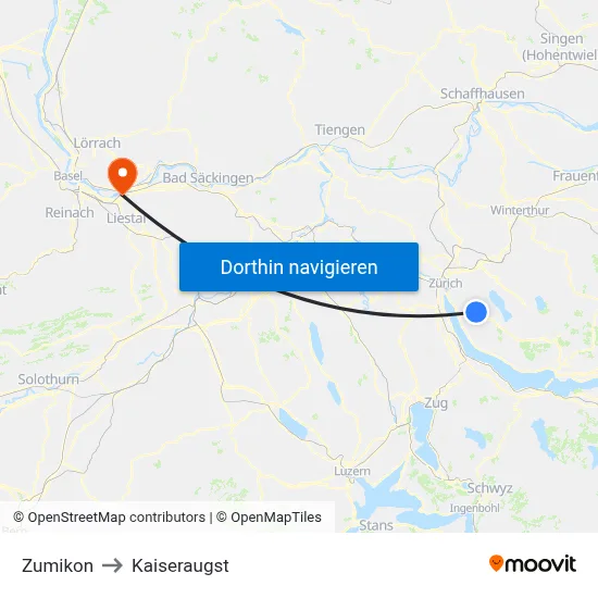 Zumikon to Kaiseraugst map