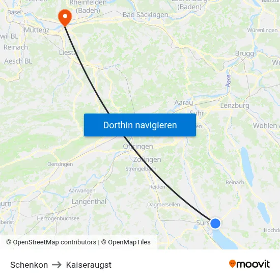 Schenkon to Kaiseraugst map