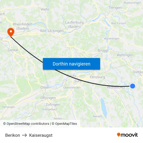 Berikon to Kaiseraugst map
