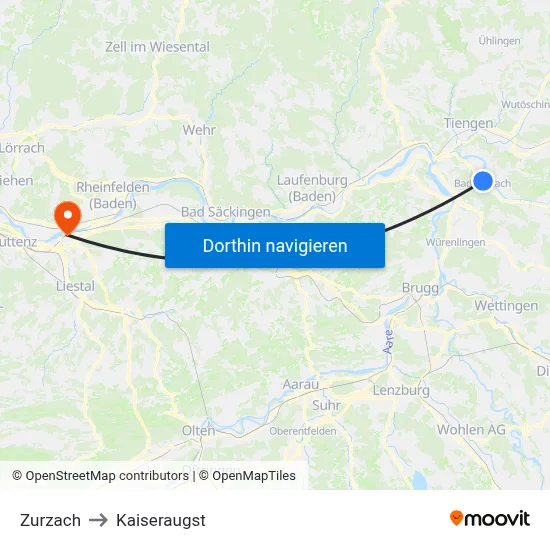 Zurzach to Kaiseraugst map