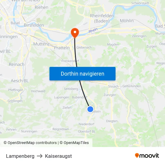 Lampenberg to Kaiseraugst map