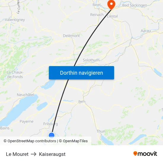 Le Mouret to Kaiseraugst map