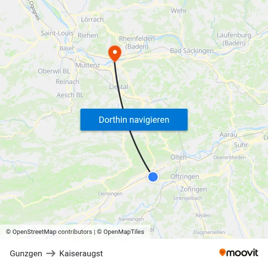 Gunzgen to Kaiseraugst map
