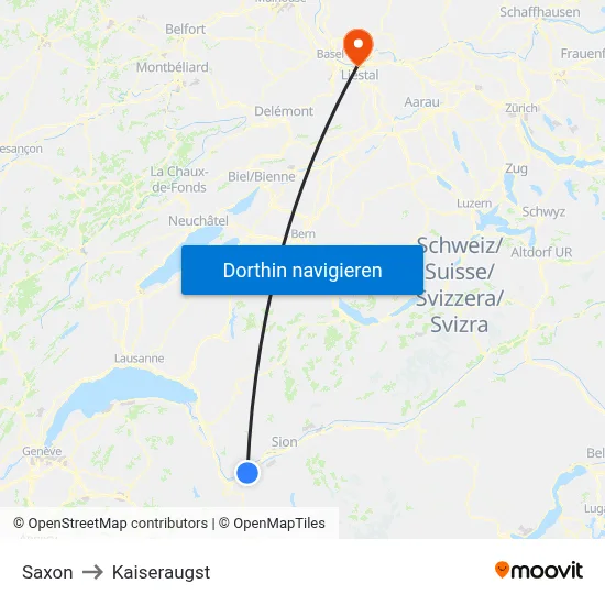 Saxon to Kaiseraugst map