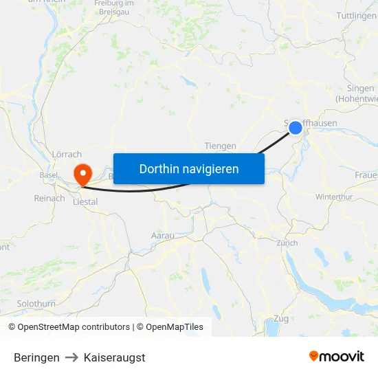 Beringen to Kaiseraugst map