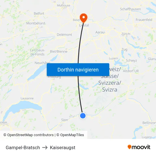 Gampel-Bratsch to Kaiseraugst map