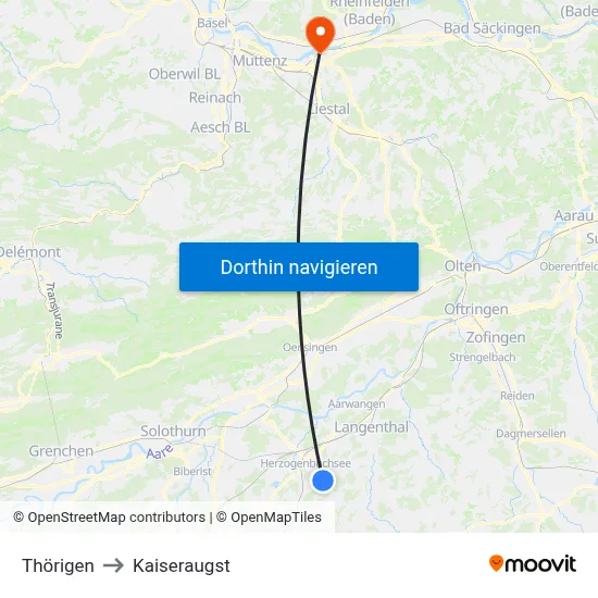 Thörigen to Kaiseraugst map