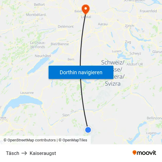 Täsch to Kaiseraugst map