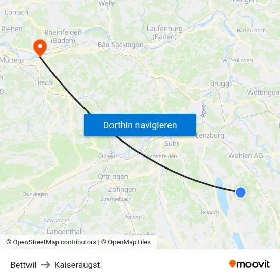 Bettwil to Kaiseraugst map