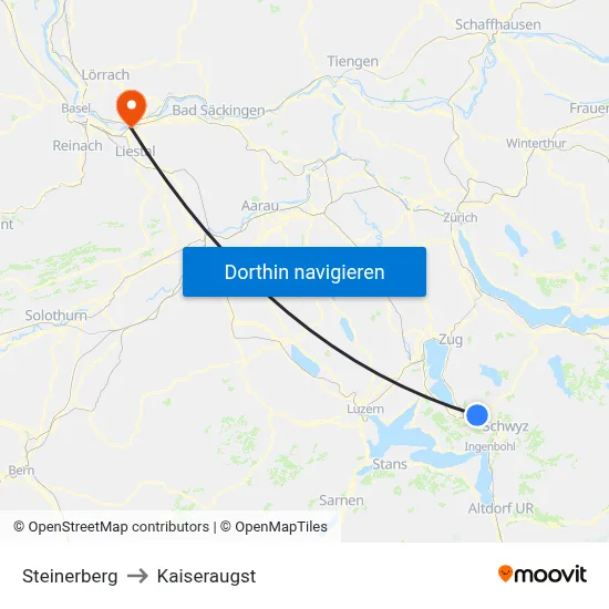 Steinerberg to Kaiseraugst map