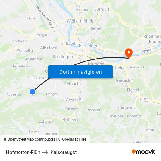 Hofstetten-Flüh to Kaiseraugst map