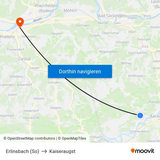 Erlinsbach (So) to Kaiseraugst map