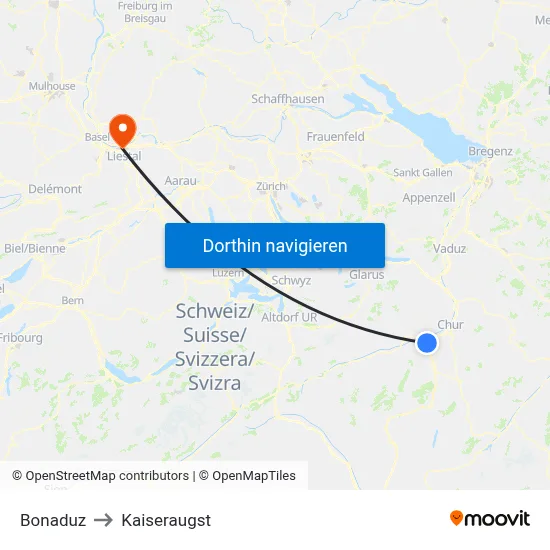 Bonaduz to Kaiseraugst map