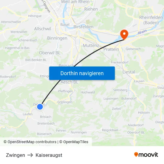 Zwingen to Kaiseraugst map