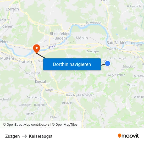 Zuzgen to Kaiseraugst map