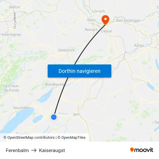 Ferenbalm to Kaiseraugst map