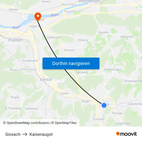 Sissach to Kaiseraugst map