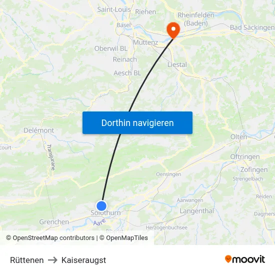 Rüttenen to Kaiseraugst map