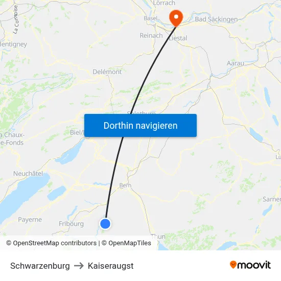 Schwarzenburg to Kaiseraugst map