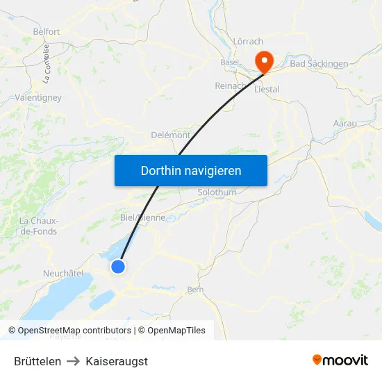 Brüttelen to Kaiseraugst map