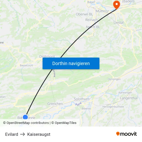 Evilard to Kaiseraugst map
