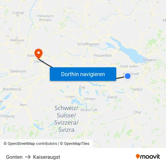 Gonten to Kaiseraugst map