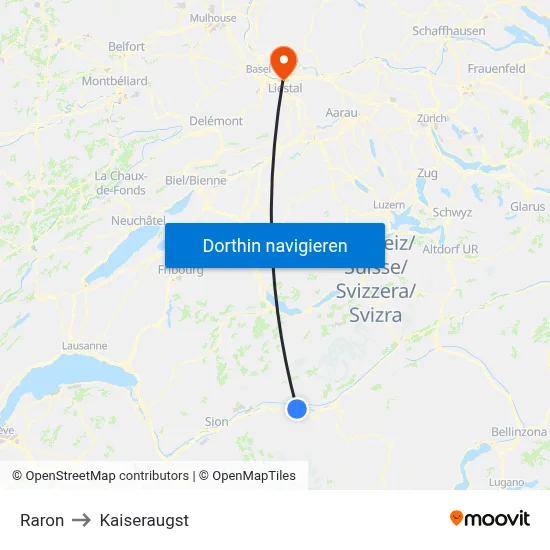 Raron to Kaiseraugst map