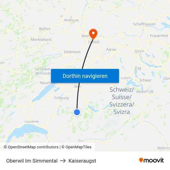 Oberwil Im Simmental to Kaiseraugst map