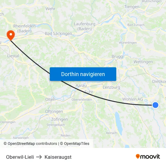 Oberwil-Lieli to Kaiseraugst map