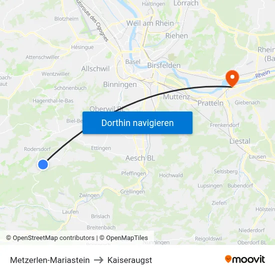 Metzerlen-Mariastein to Kaiseraugst map