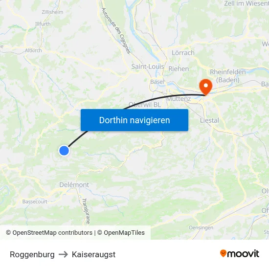 Roggenburg to Kaiseraugst map