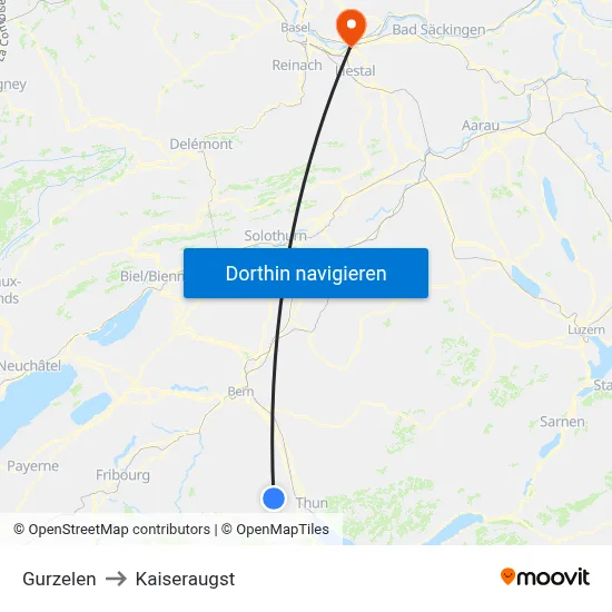 Gurzelen to Kaiseraugst map
