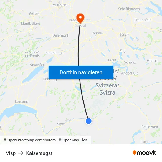 Visp to Kaiseraugst map
