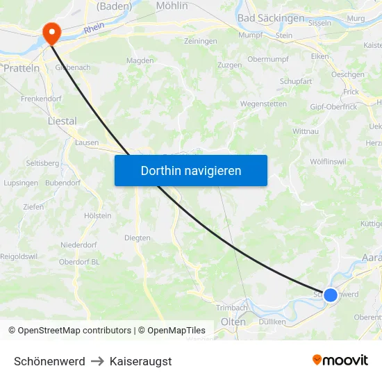Schönenwerd to Kaiseraugst map