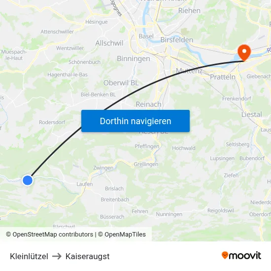 Kleinlützel to Kaiseraugst map
