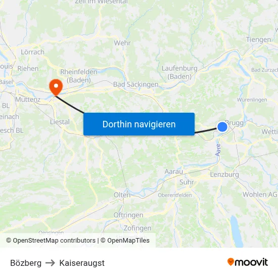 Bözberg to Kaiseraugst map