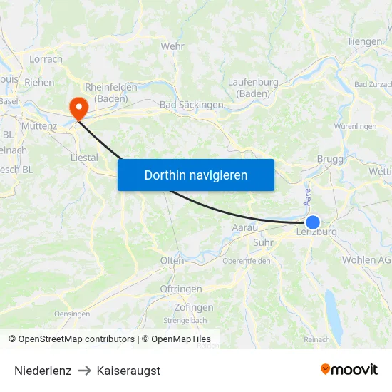 Niederlenz to Kaiseraugst map