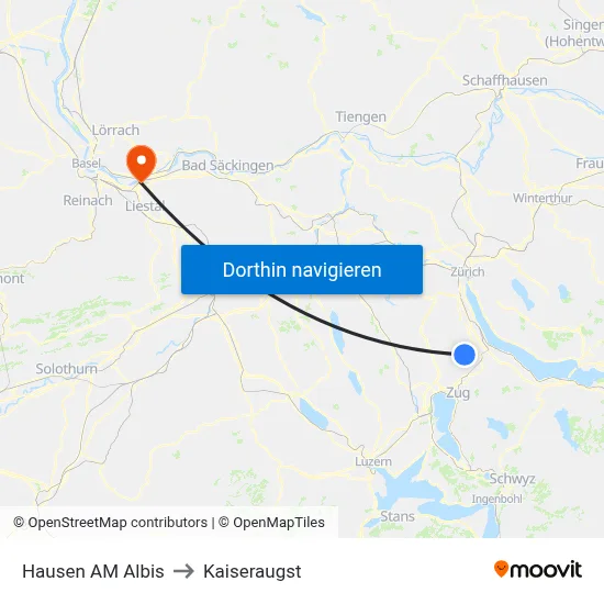 Hausen AM Albis to Kaiseraugst map