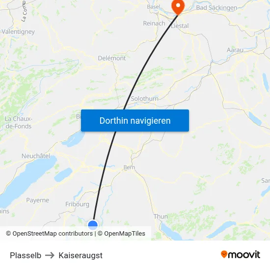 Plasselb to Kaiseraugst map