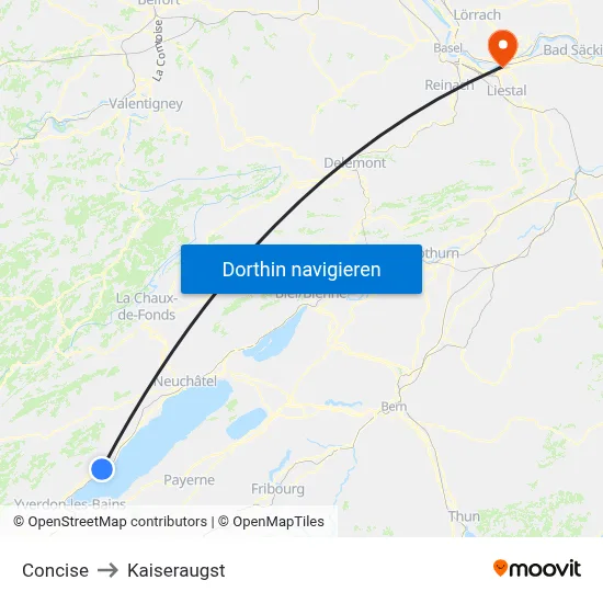 Concise to Kaiseraugst map